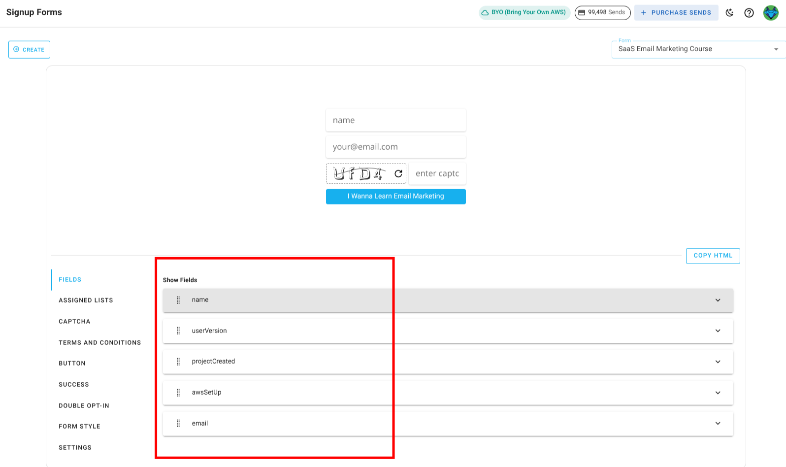 Screenshot of the subscriber lists sign-up page fields section drag and drop