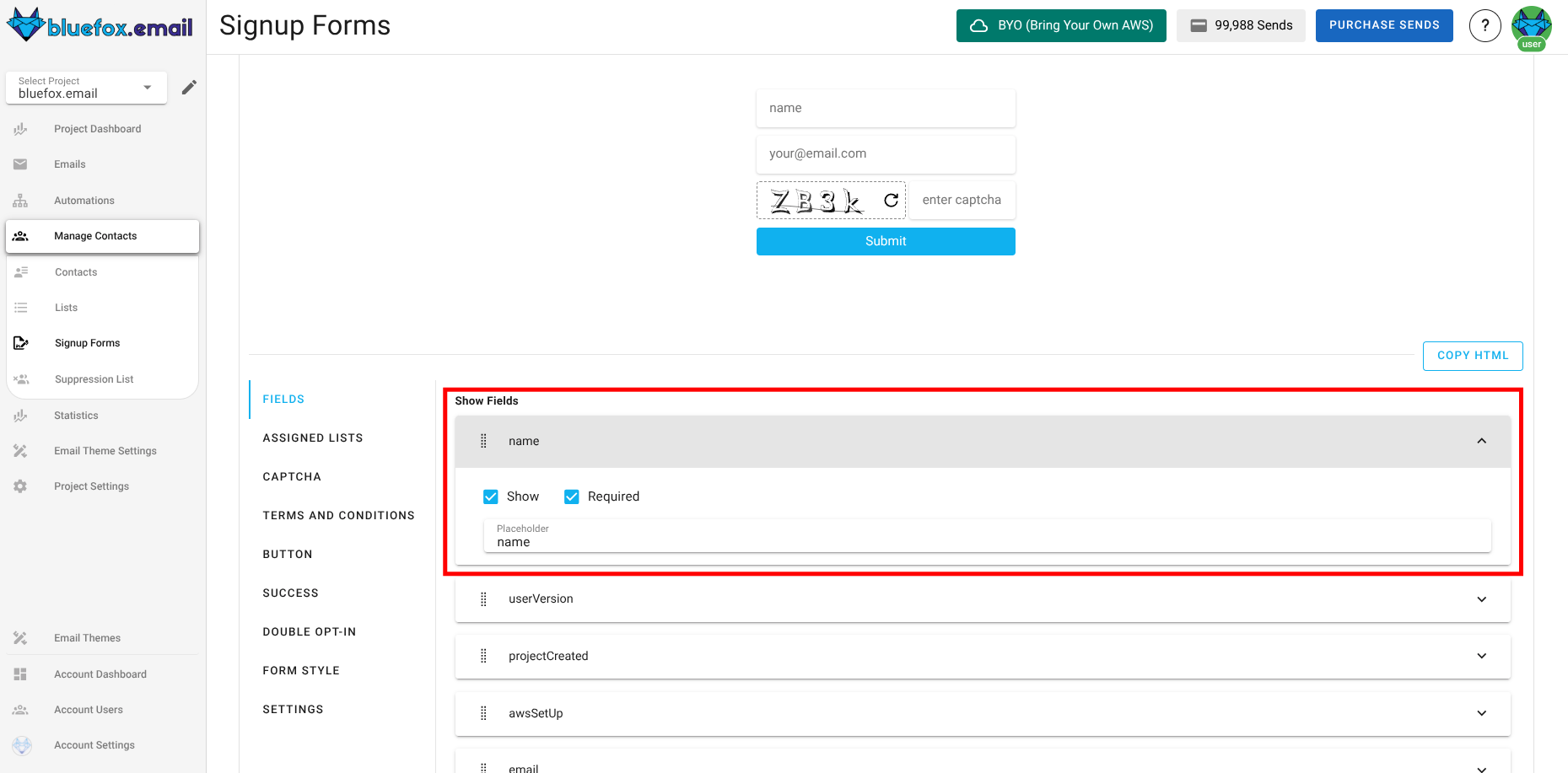 Screenshot of the subscriber lists sign-up page fields section