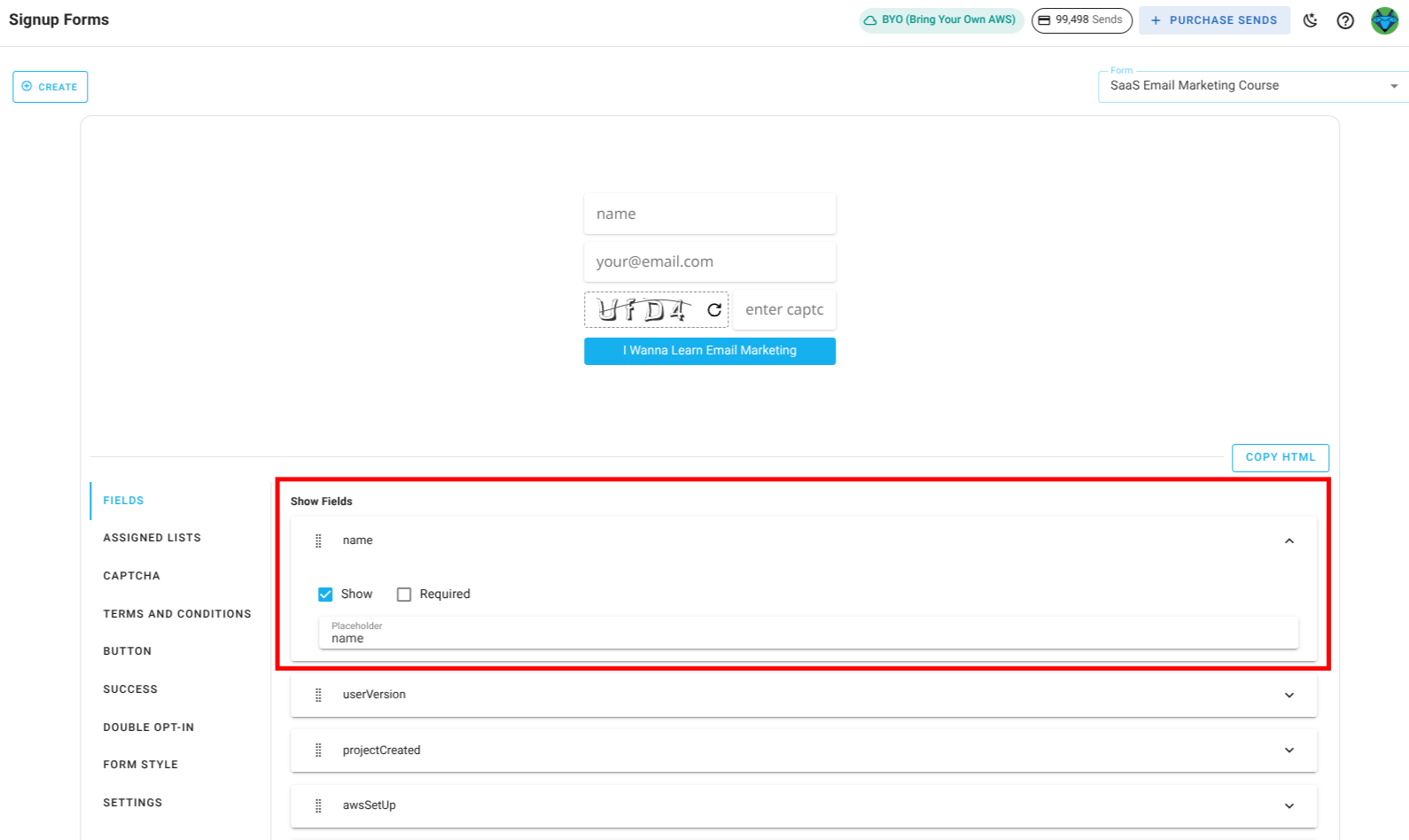 Screenshot of the subscriber lists sign-up page fields section