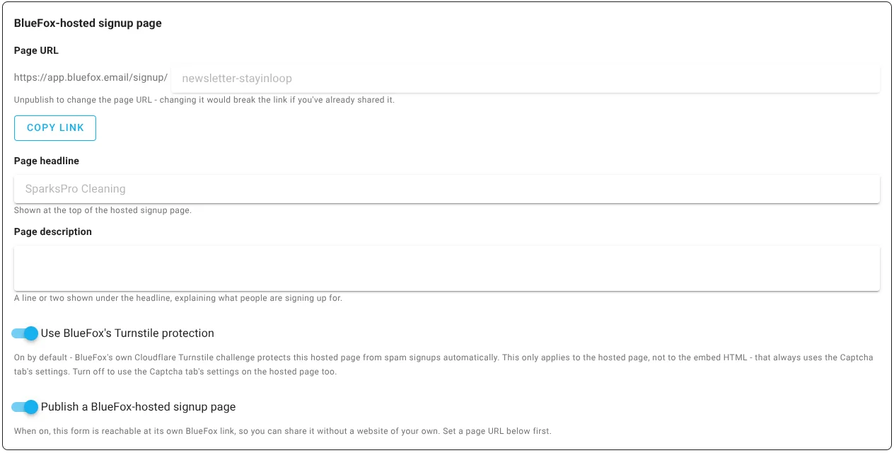 Screenshot of the BlueFox-hosted signup page settings