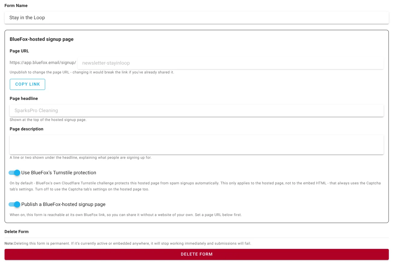 Screenshot of the subscriber lists sign-up page settings section