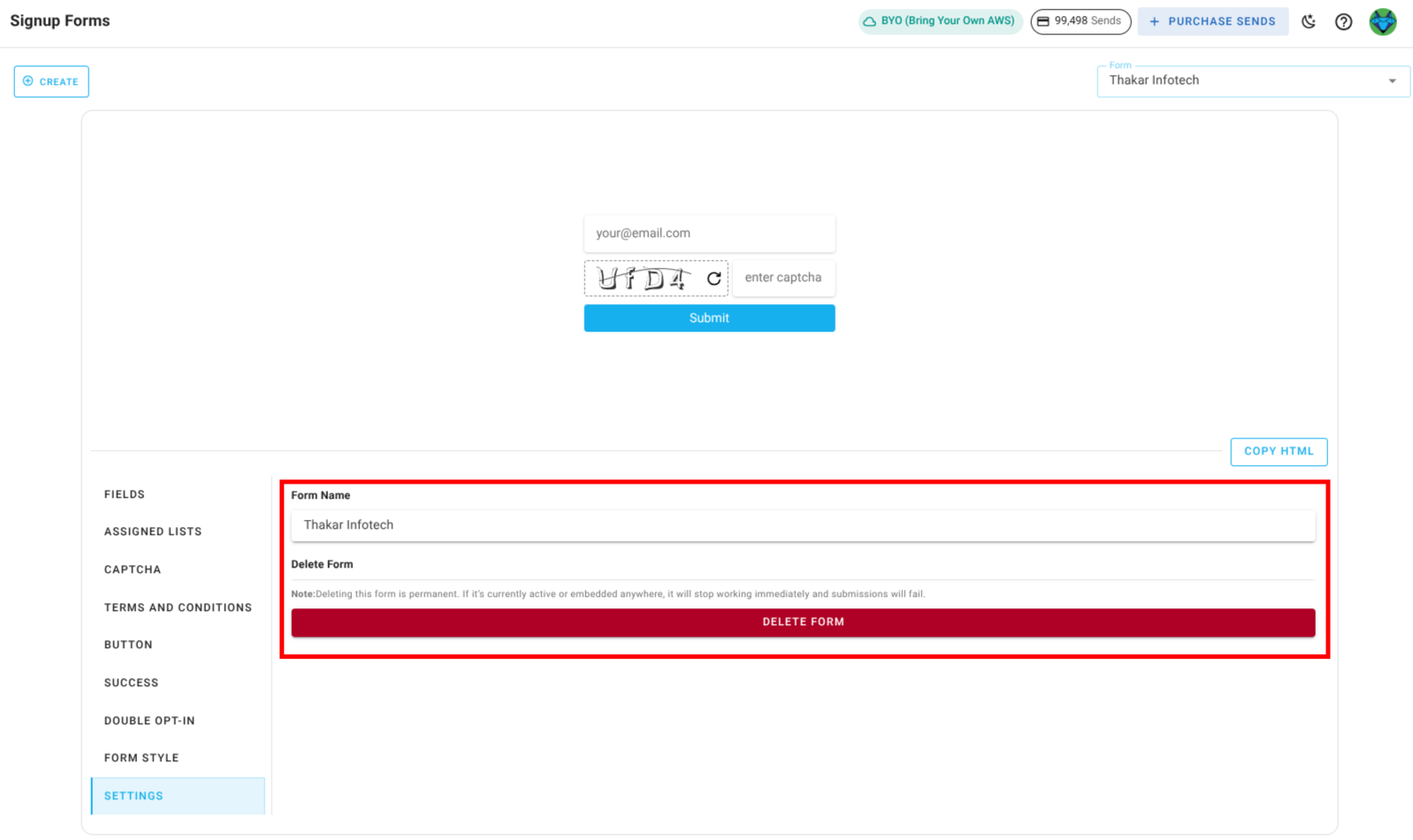 Screenshot of the subscriber lists sign-up page settings section