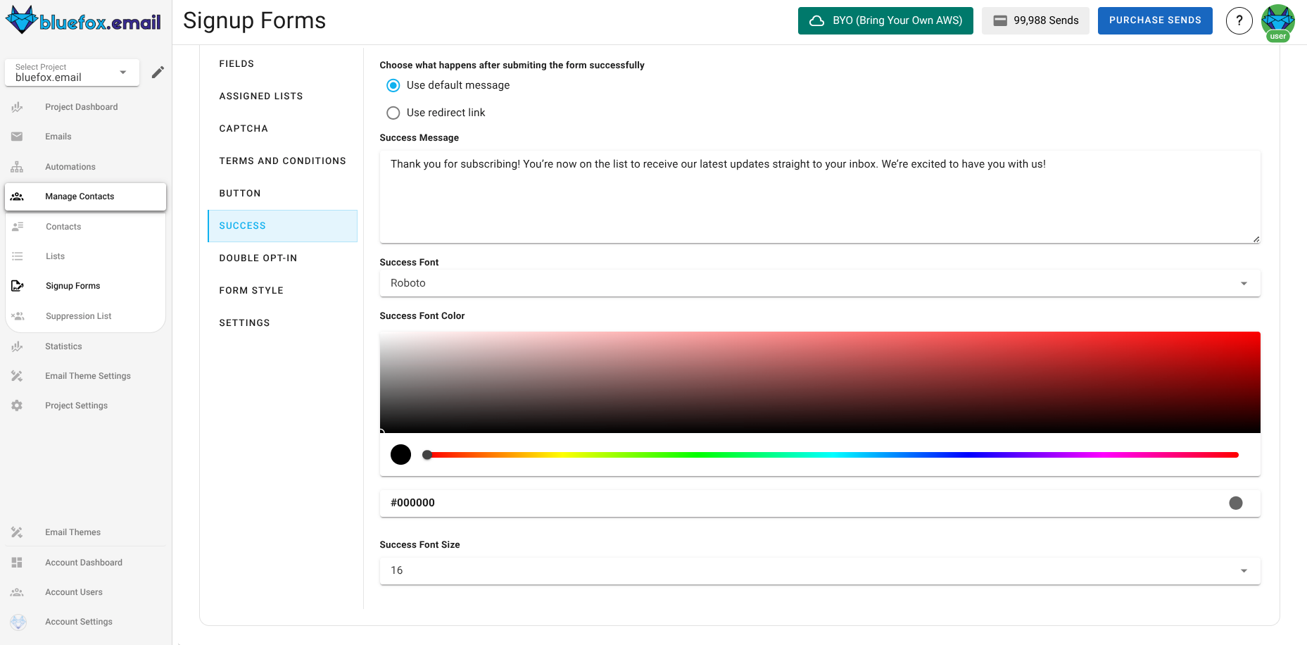 Screenshot of the subscriber lists sign-up page success message section