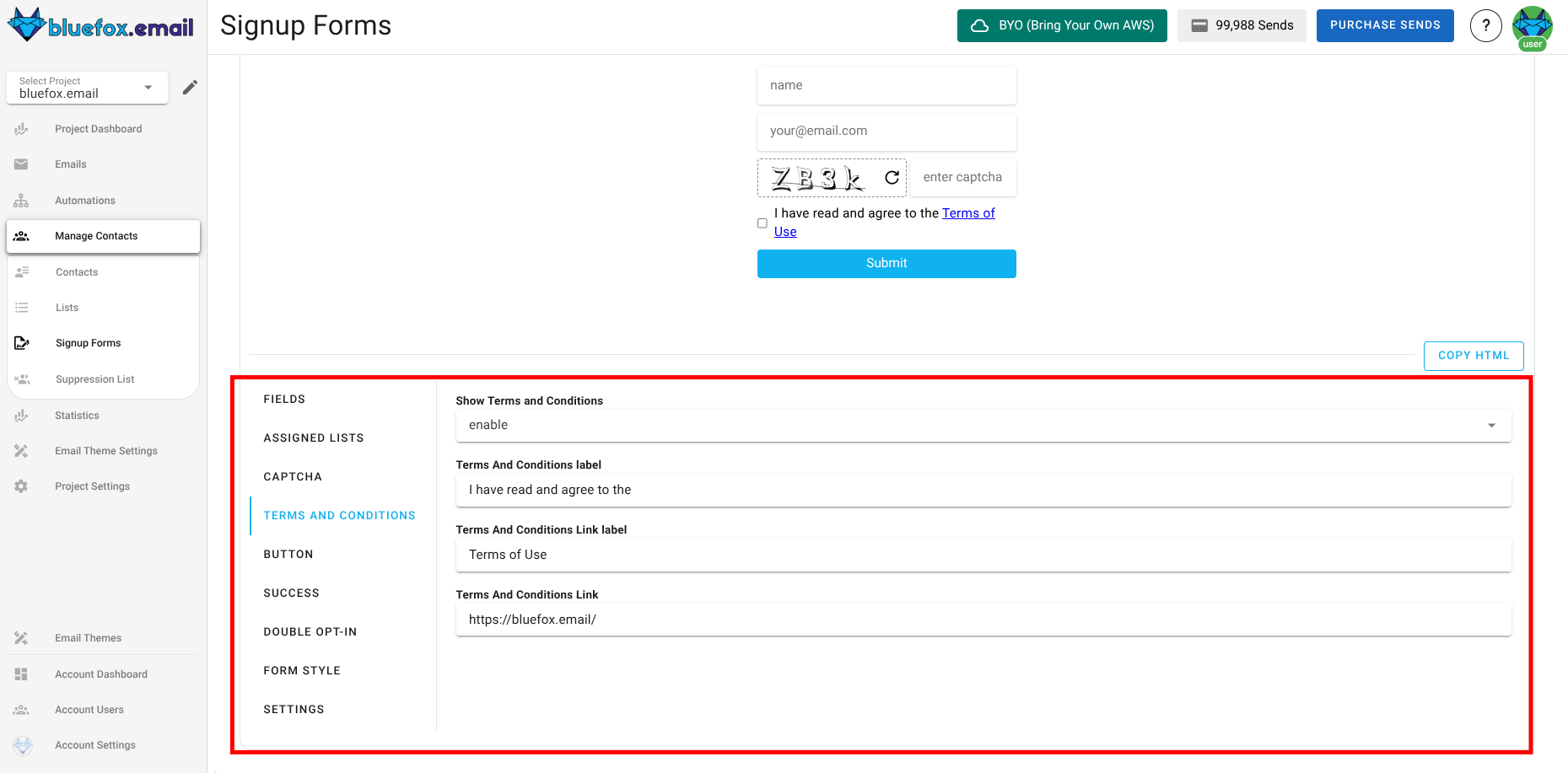 Screenshot of the subscriber lists sign-up page terms and conditions section