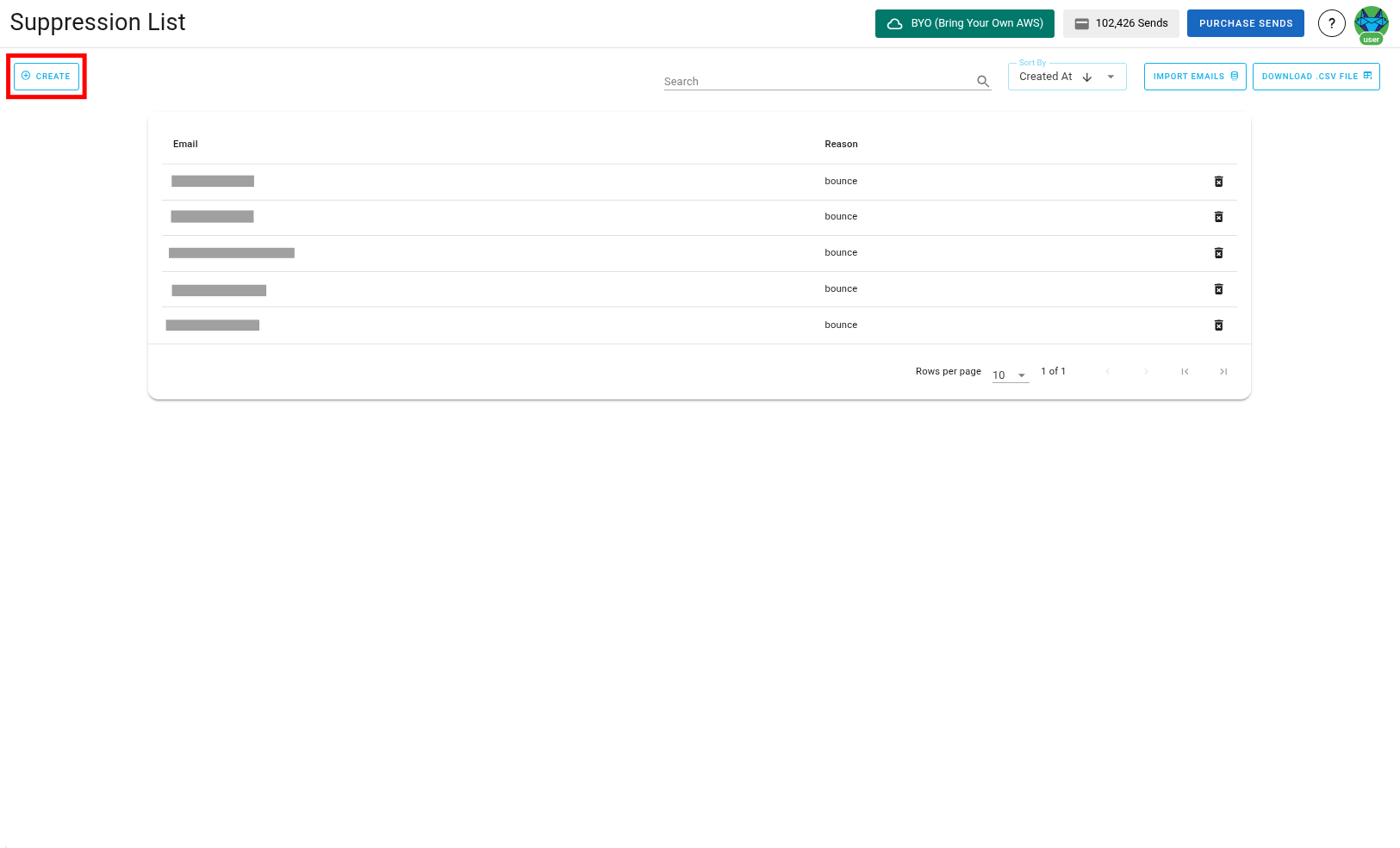 Screenshot of the suppression list create button