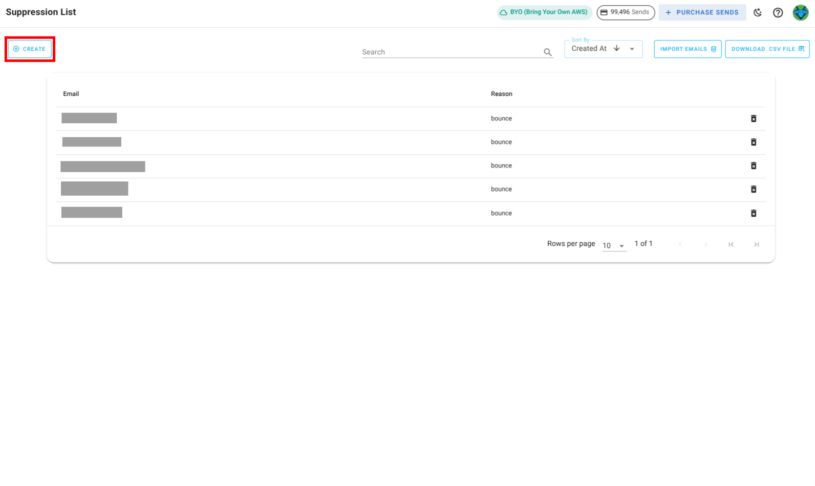 Screenshot of the suppression list create button