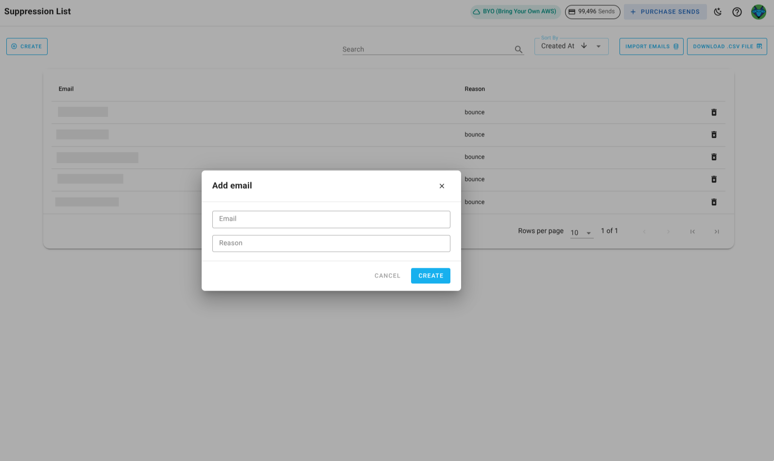 Screenshot of the suppression list create menu