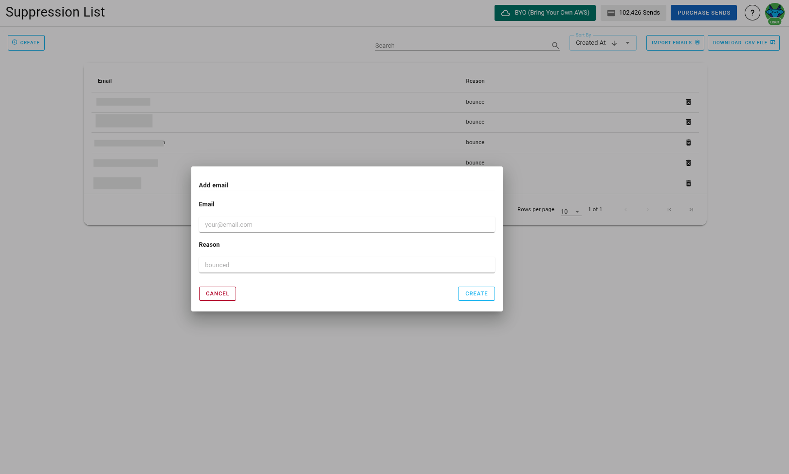 Screenshot of the suppression list create menu