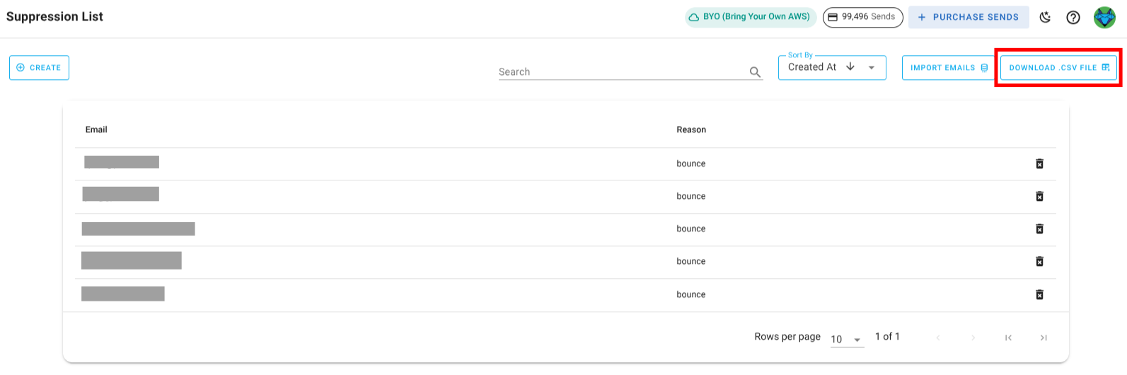 Screenshot of the suppression list download button