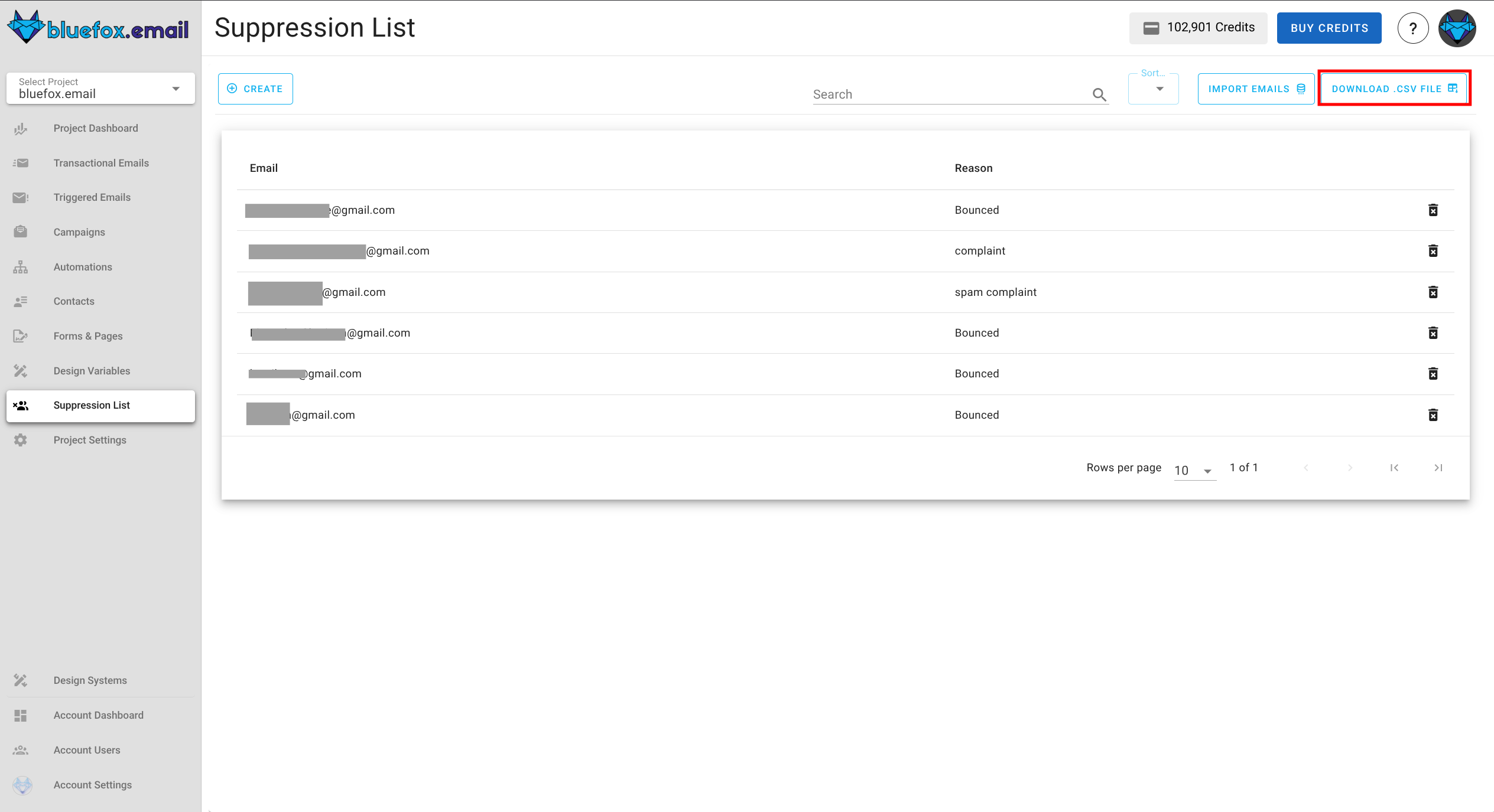 Screenshot of the suppression list download button