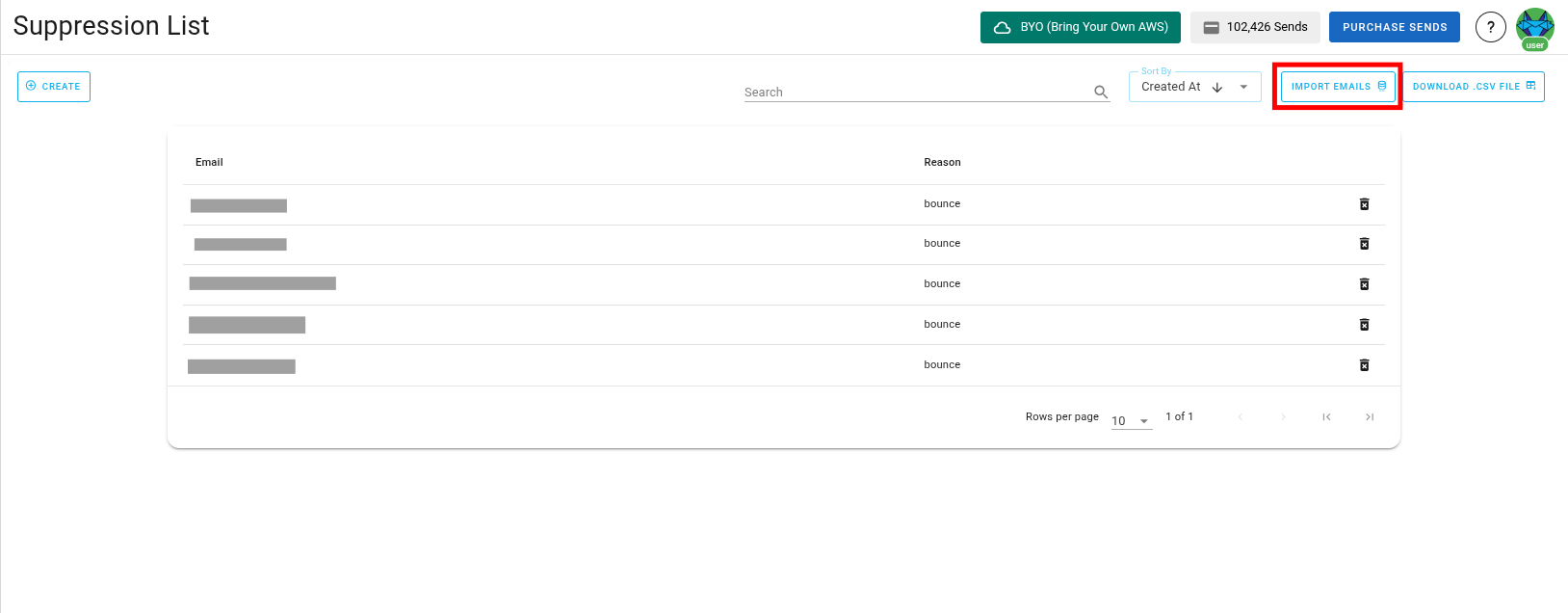 Screenshot of the suppression list import button