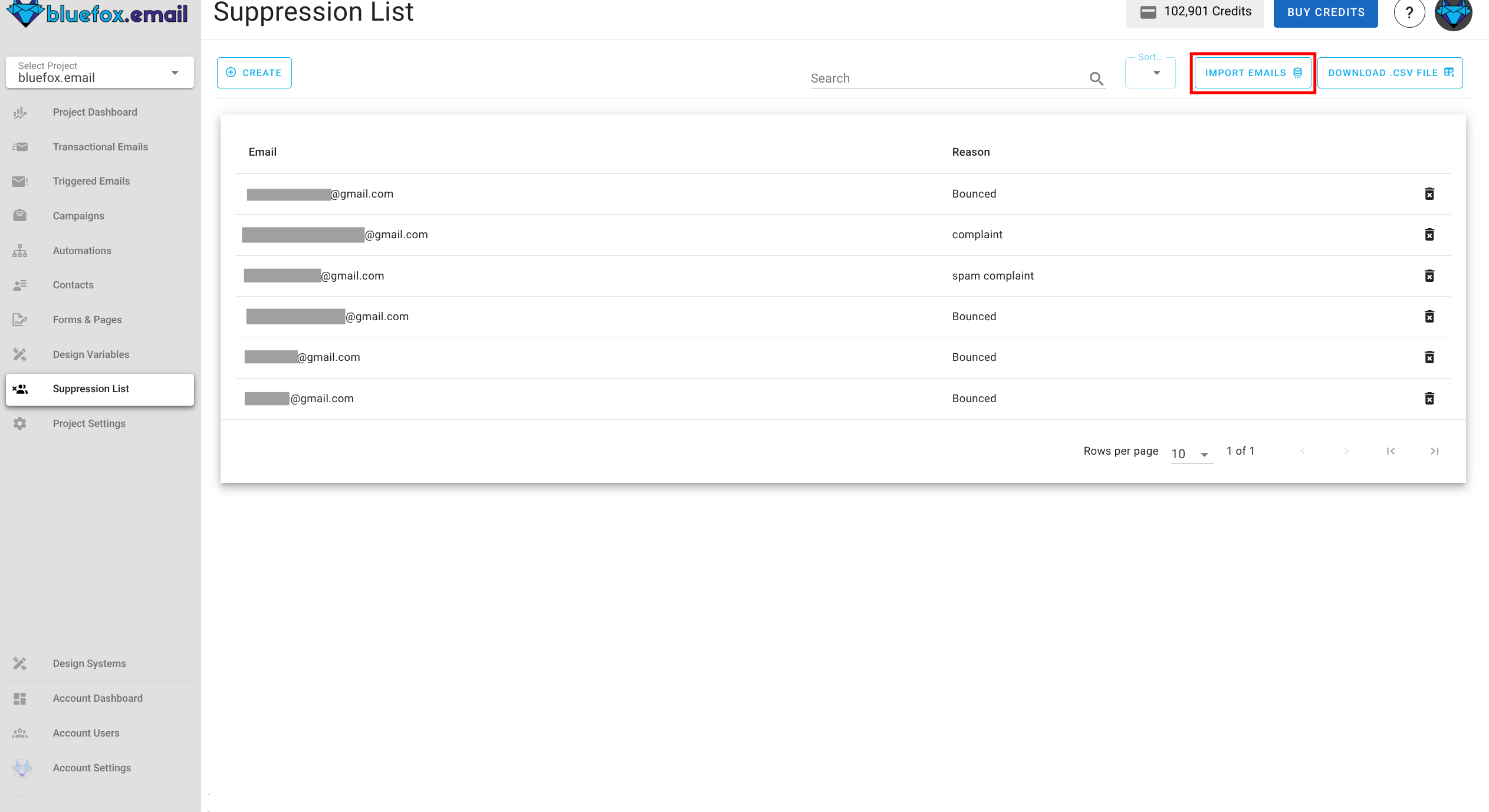 Screenshot of the suppression list import button