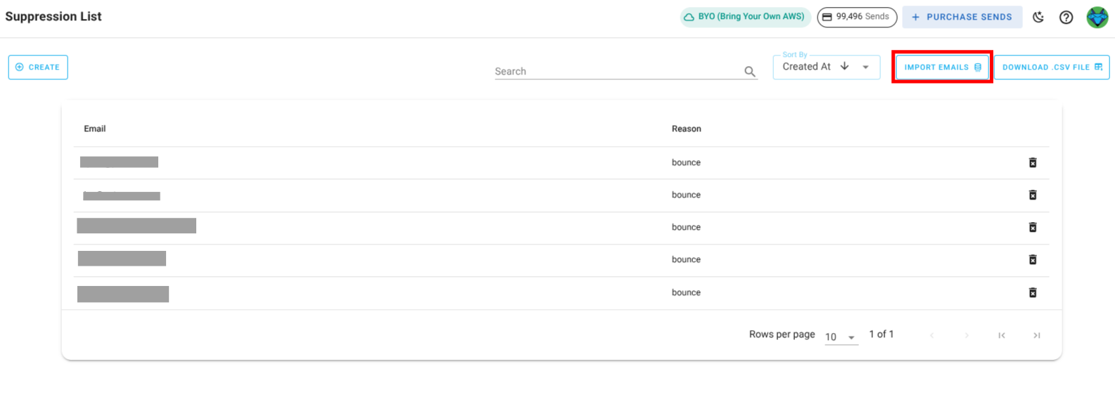 Screenshot of the suppression list import button