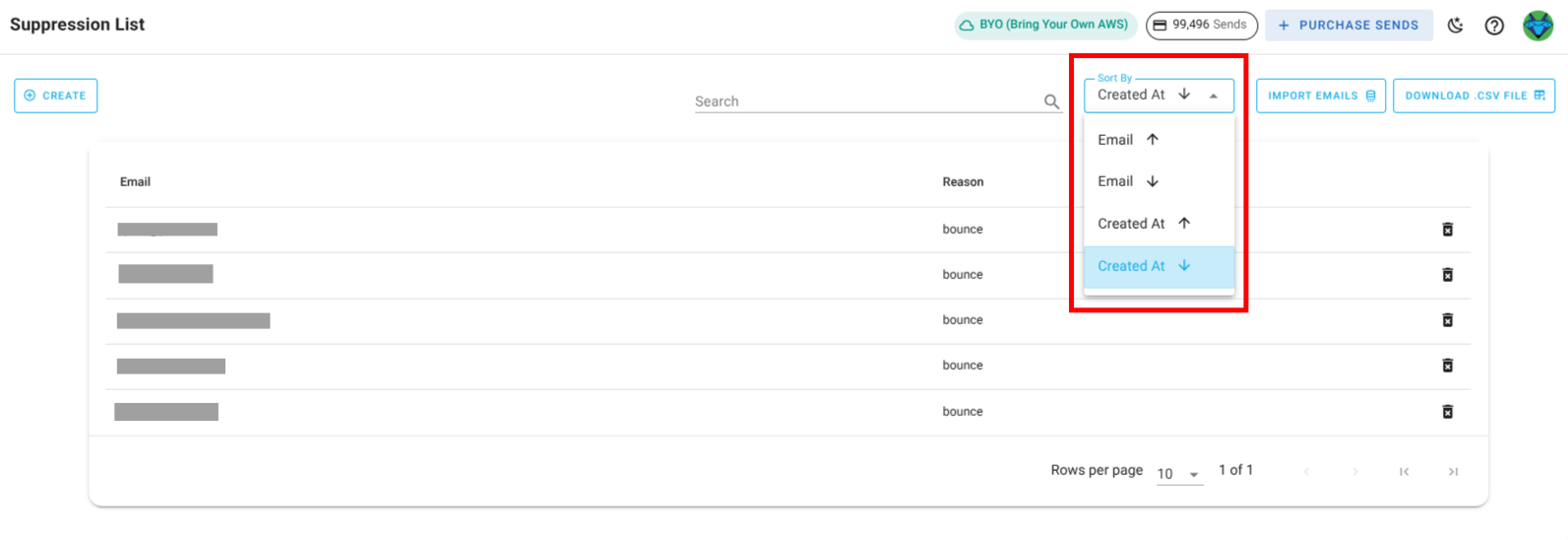 Screenshot of the suppression list sort button