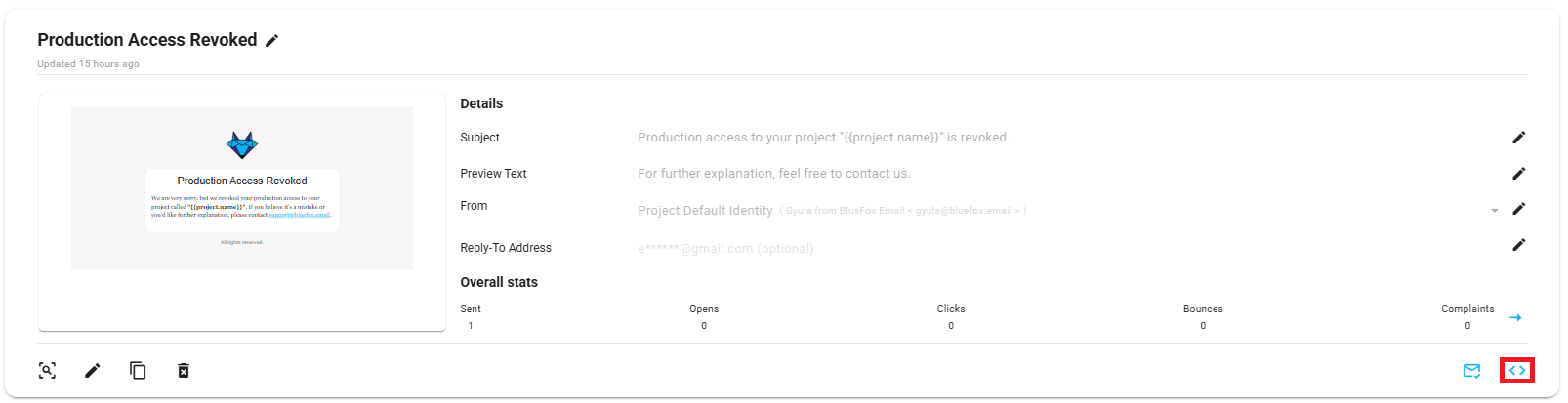 A screenshot of a transactional email card, with the code button highlighted.