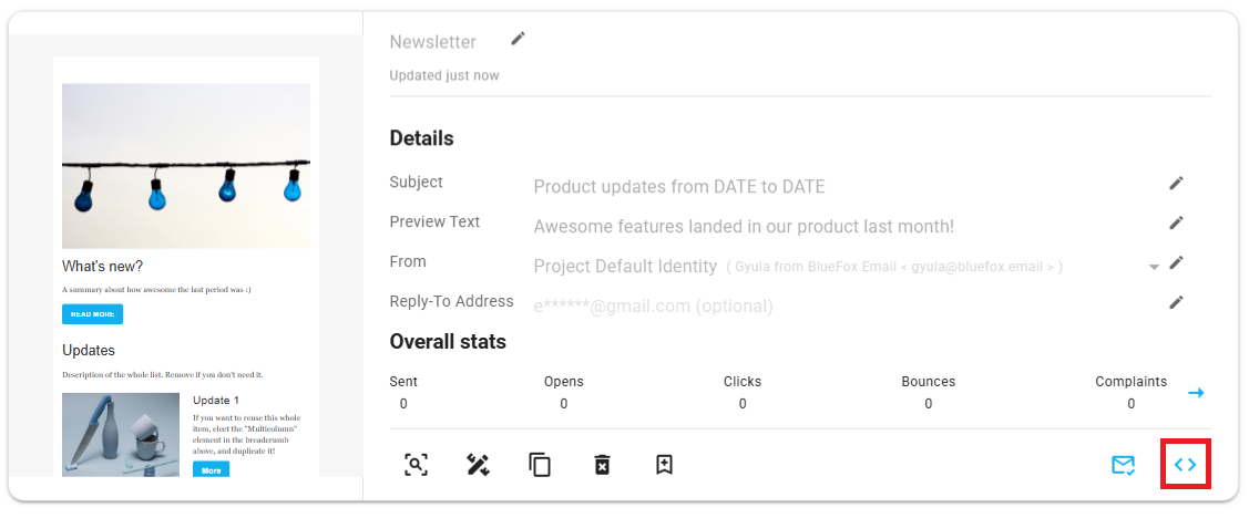 A screenshot of a transactional email card, with the code button highlighted.