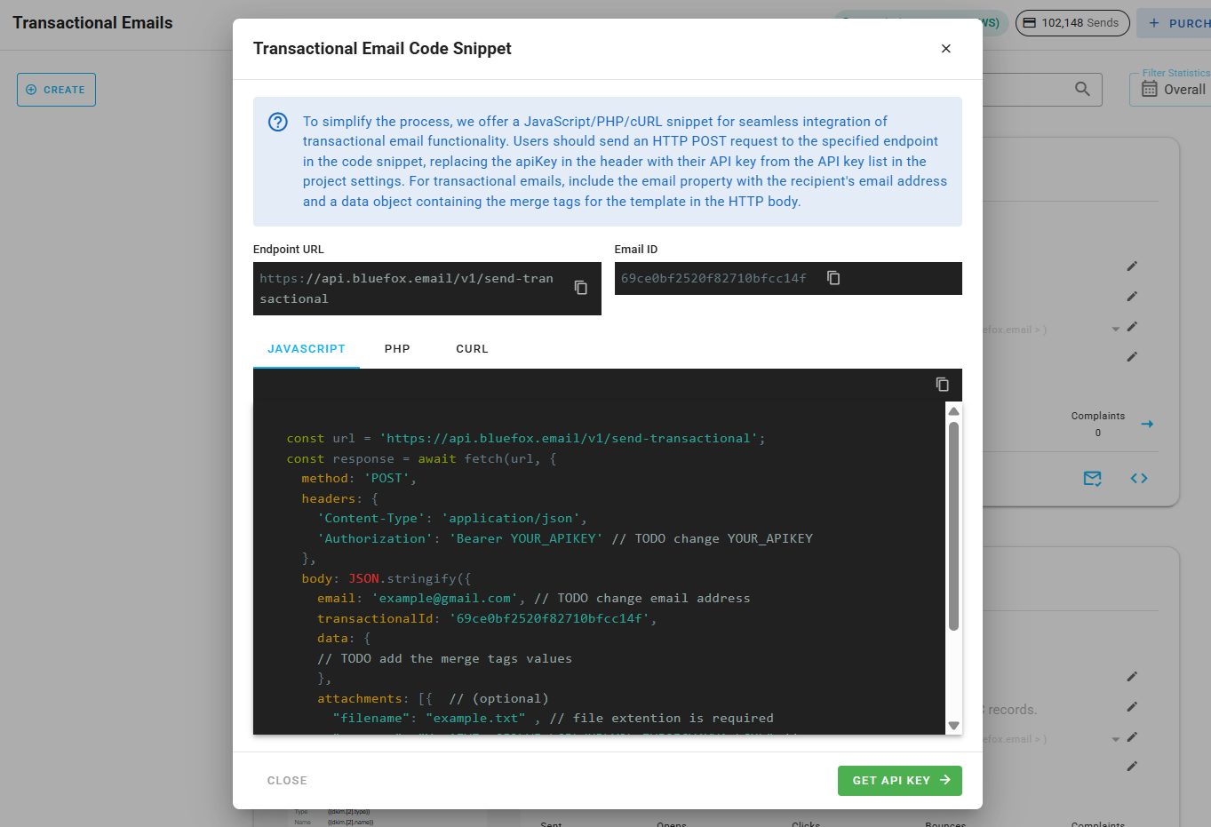 A screenshot of a transactional email's generated code, copy button highlighted.