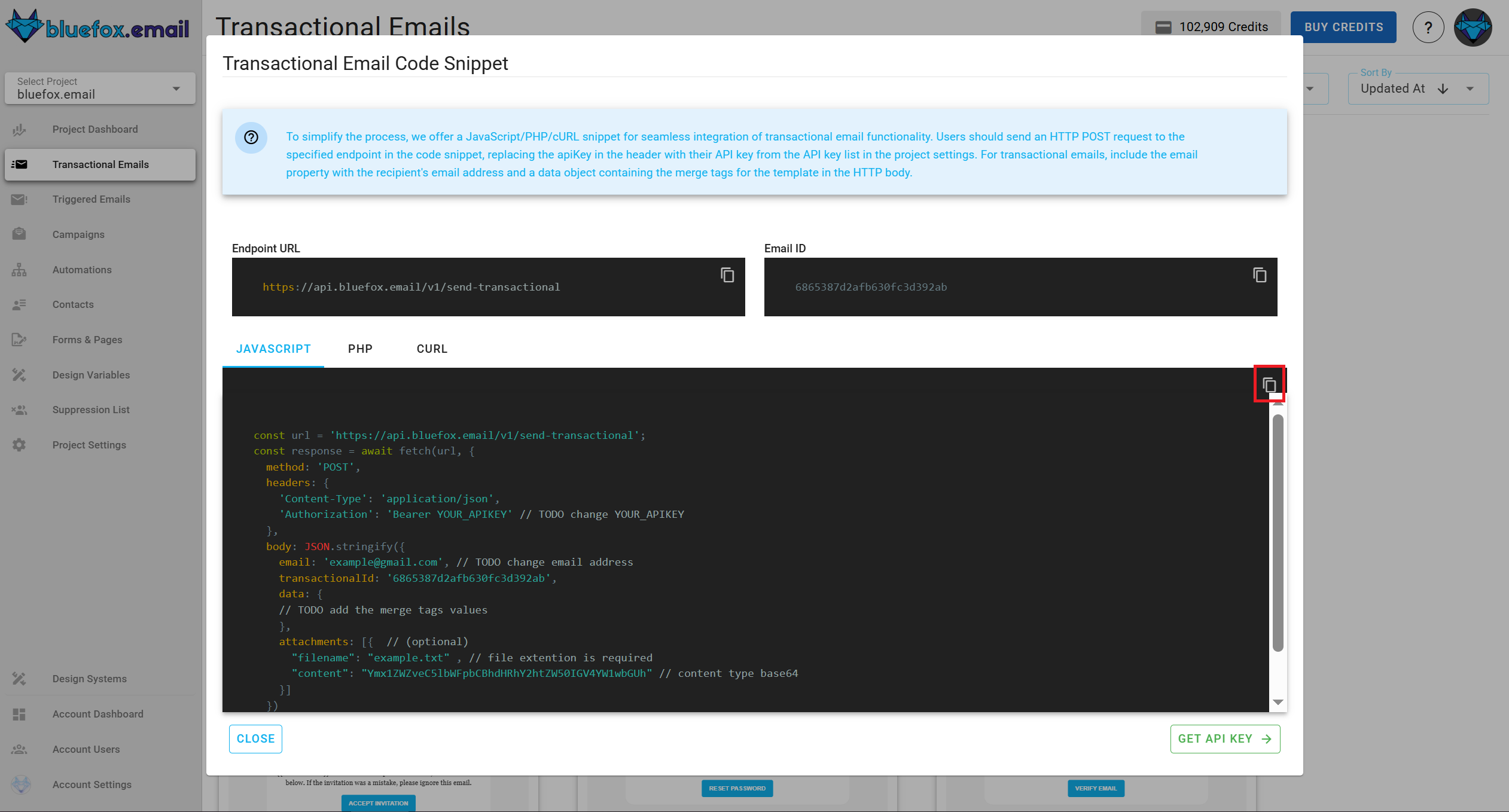 A screenshot of a transactional email's generated code, copy button highlighted.