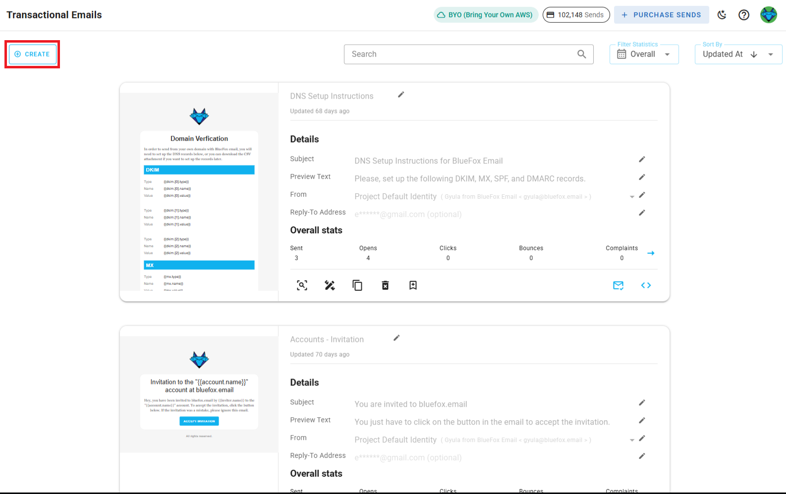 A screenshot of a project's transactional emails - new button highlighted.