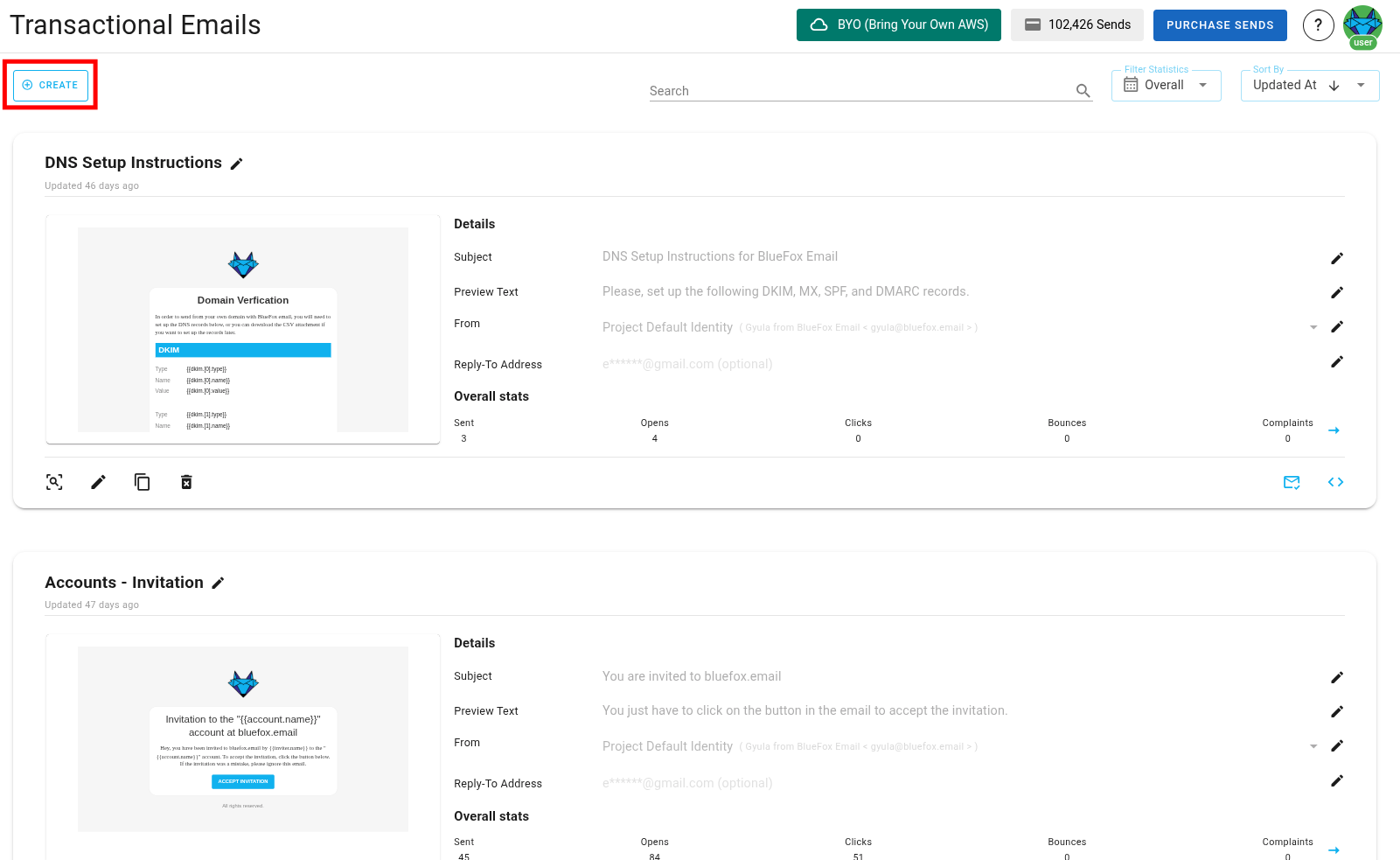 A screenshot of a project's transactional emails - new button highlighted.