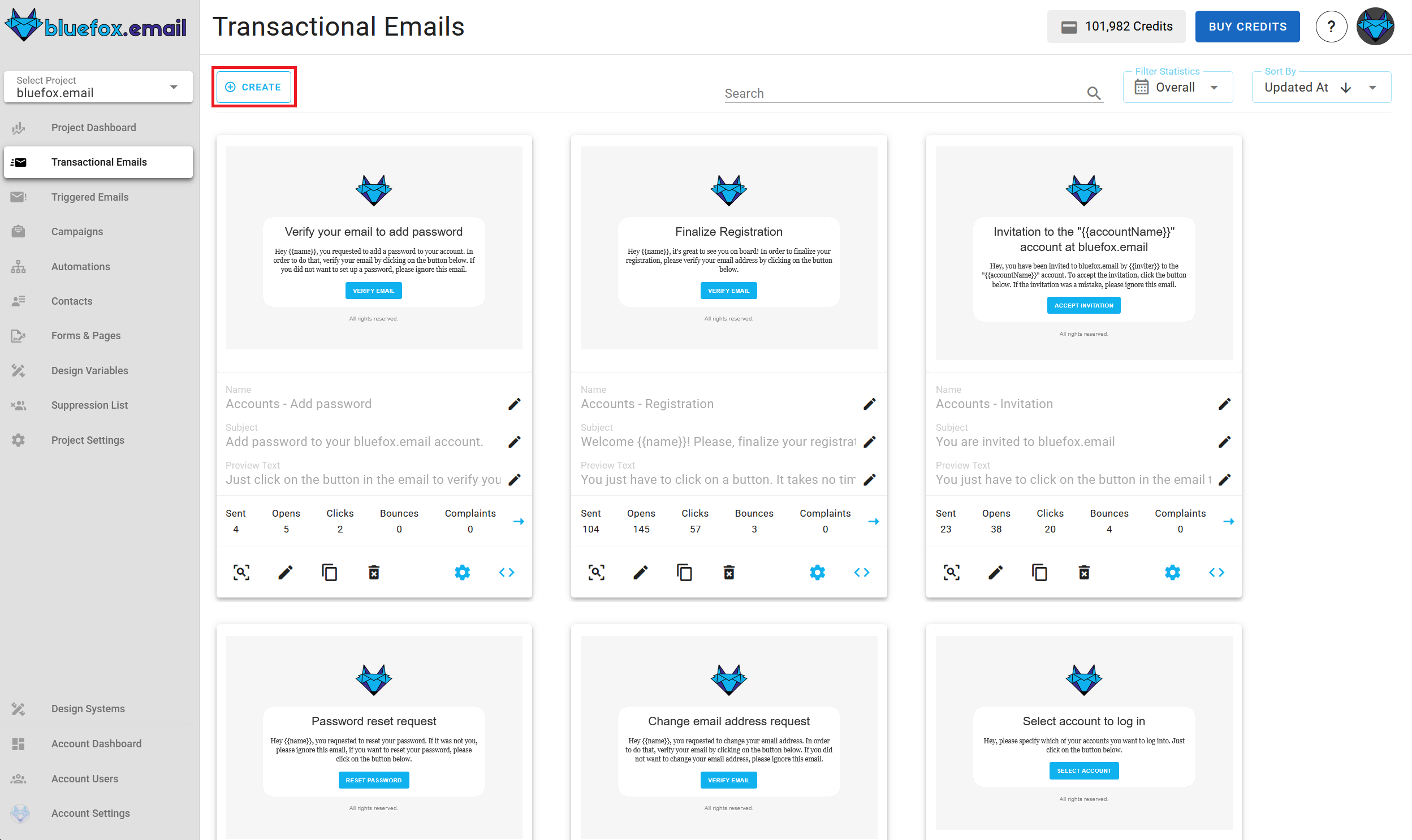 A screenshot of a project's transactional emails - new button highlighted.
