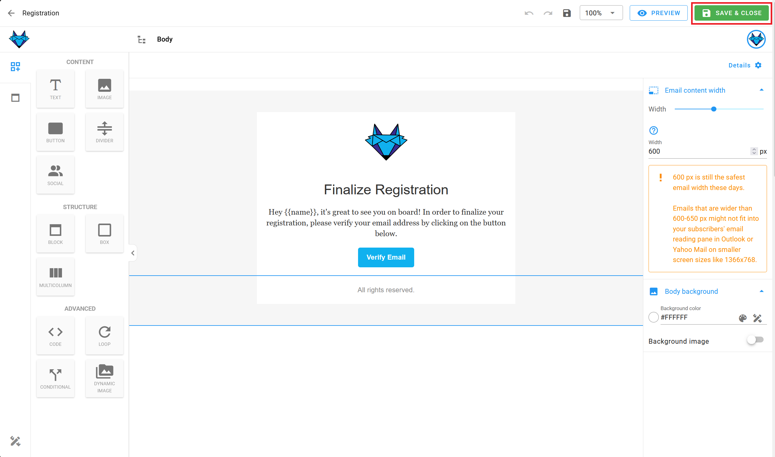 A screenshot of a project's transactional emails - create: edit.