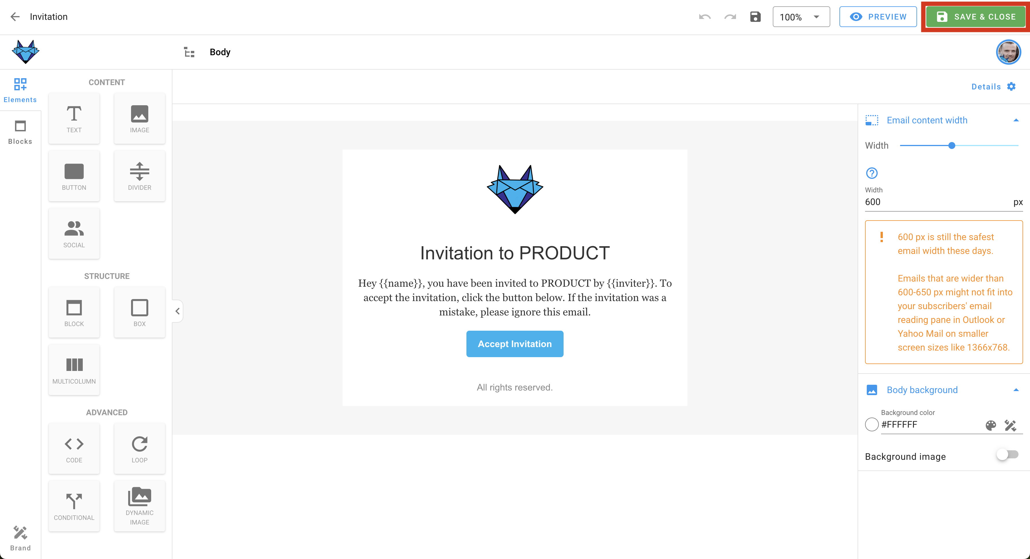 A screenshot of a project's transactional emails - create: edit.