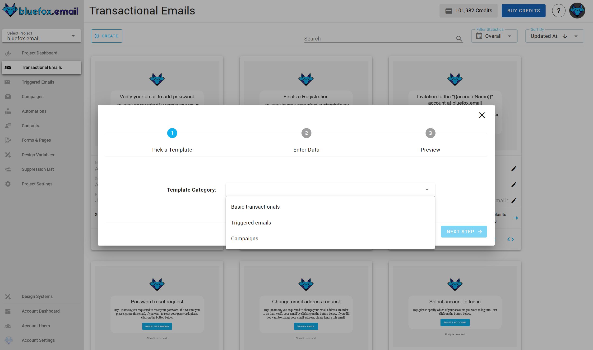 A screenshot of a project's transactional emails - create: select template category.