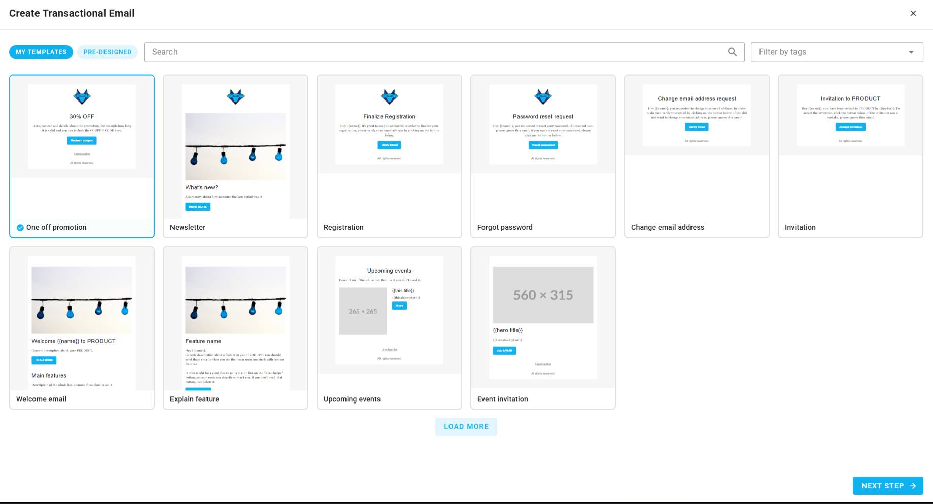 A screenshot of a project's transactional emails - create: select template category.