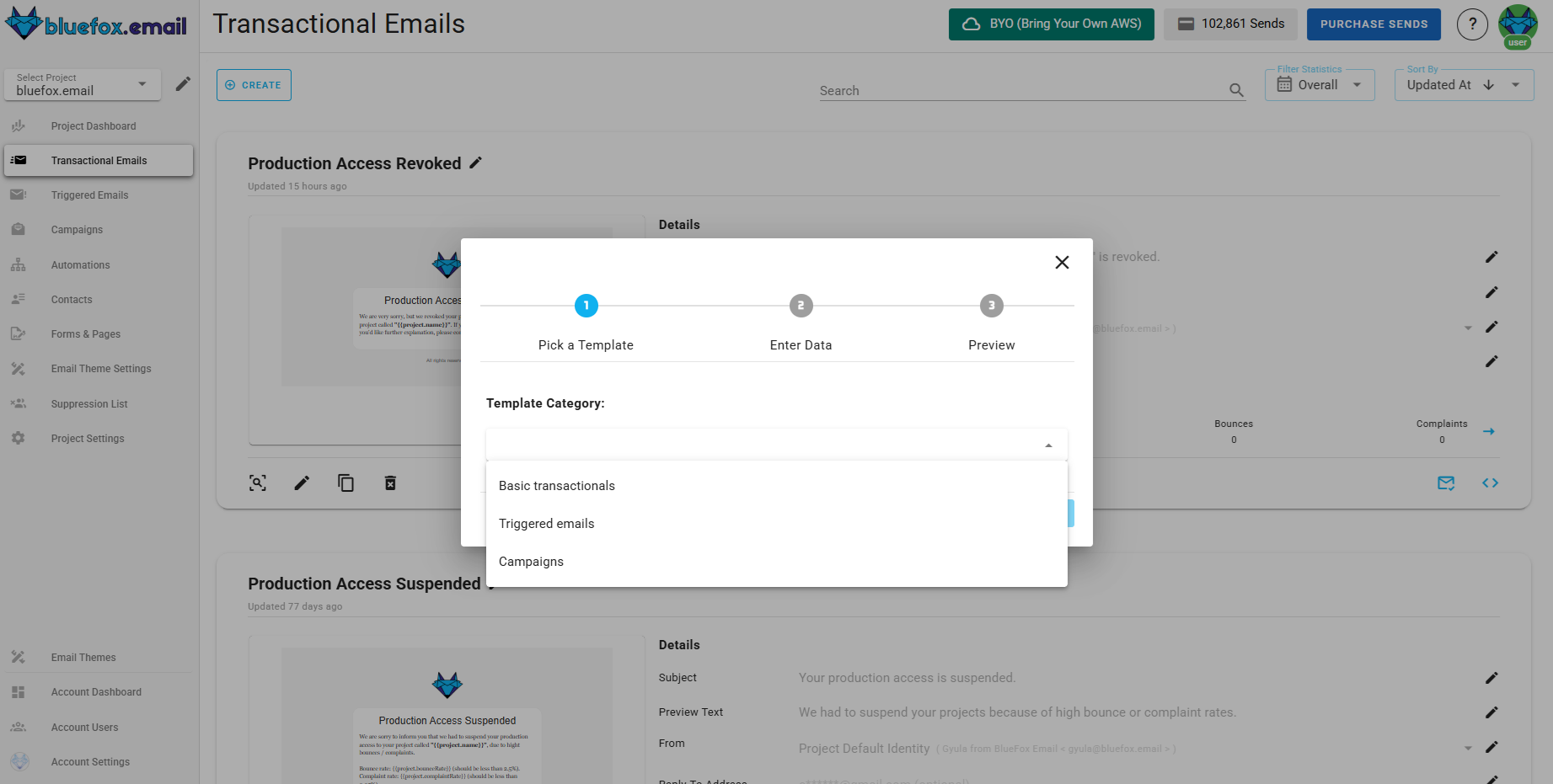 A screenshot of a project's transactional emails - create: select template category.