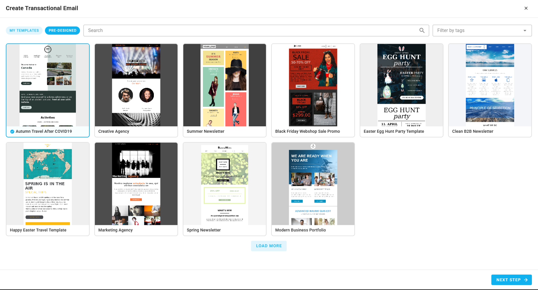A screenshot of a project's transactional emails - create: select pre-designed template.