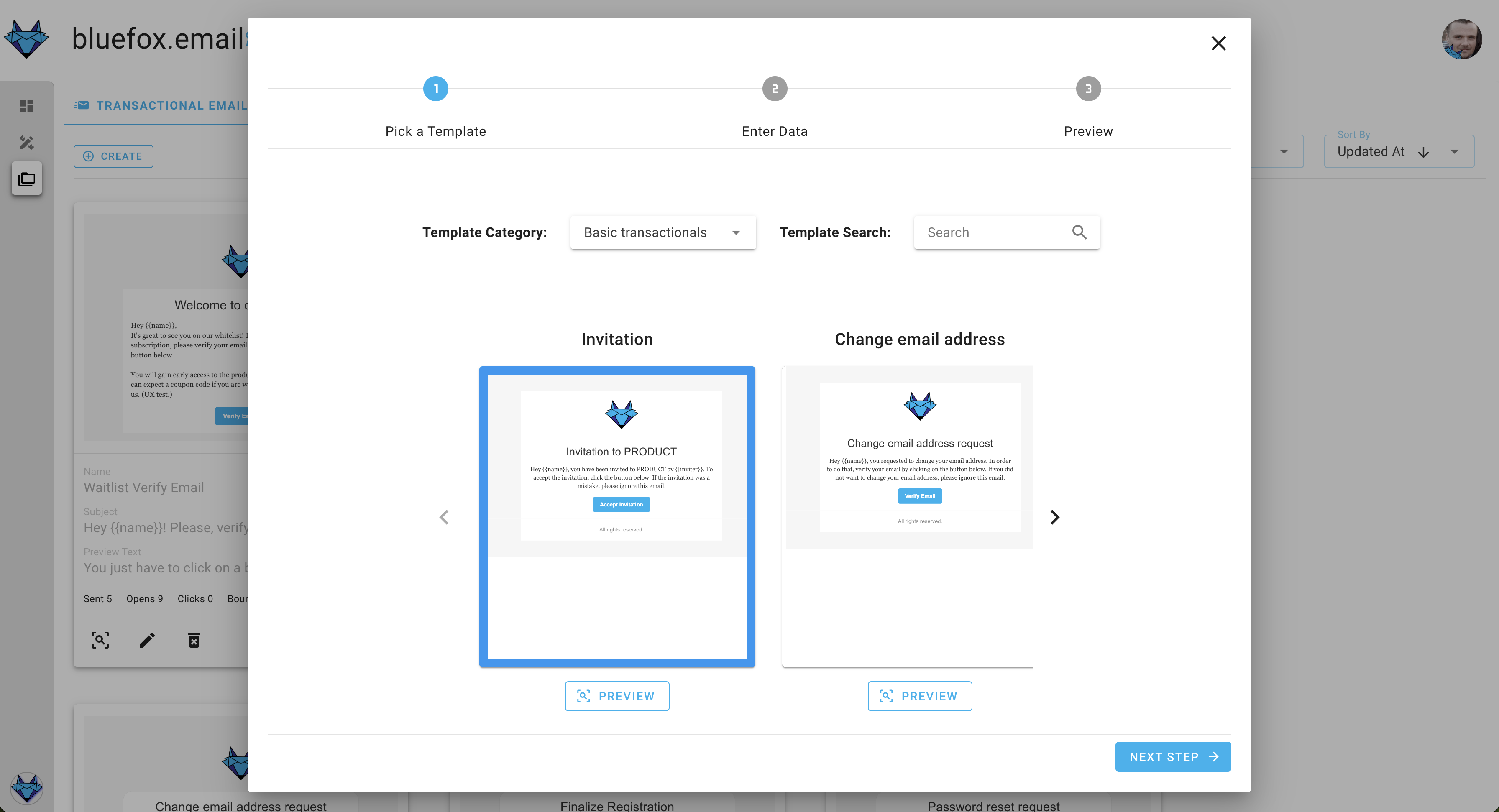 A screenshot of a project's transactional emails - create: template selection.