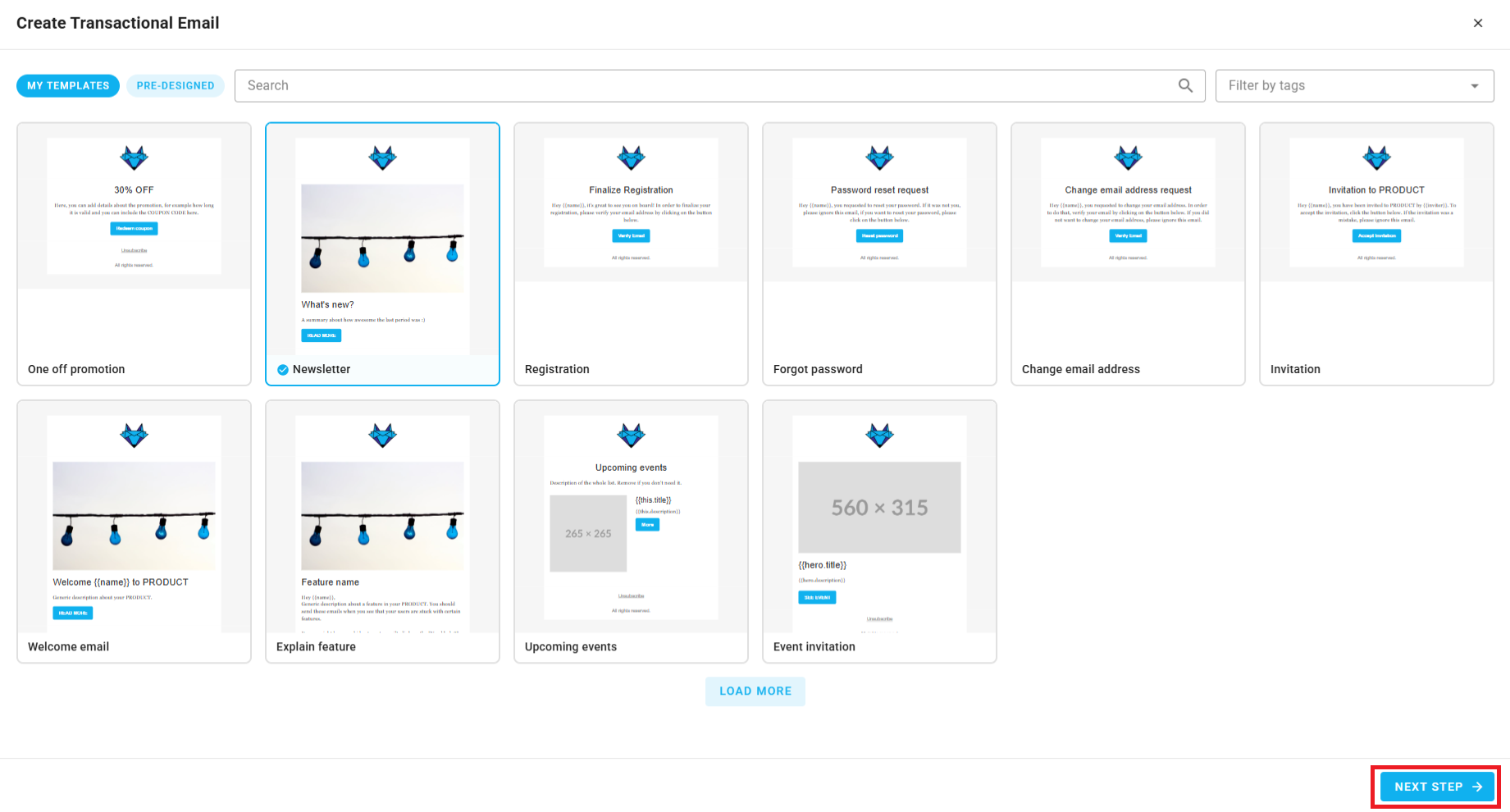 A screenshot of a project's transactional emails - create: template selection.