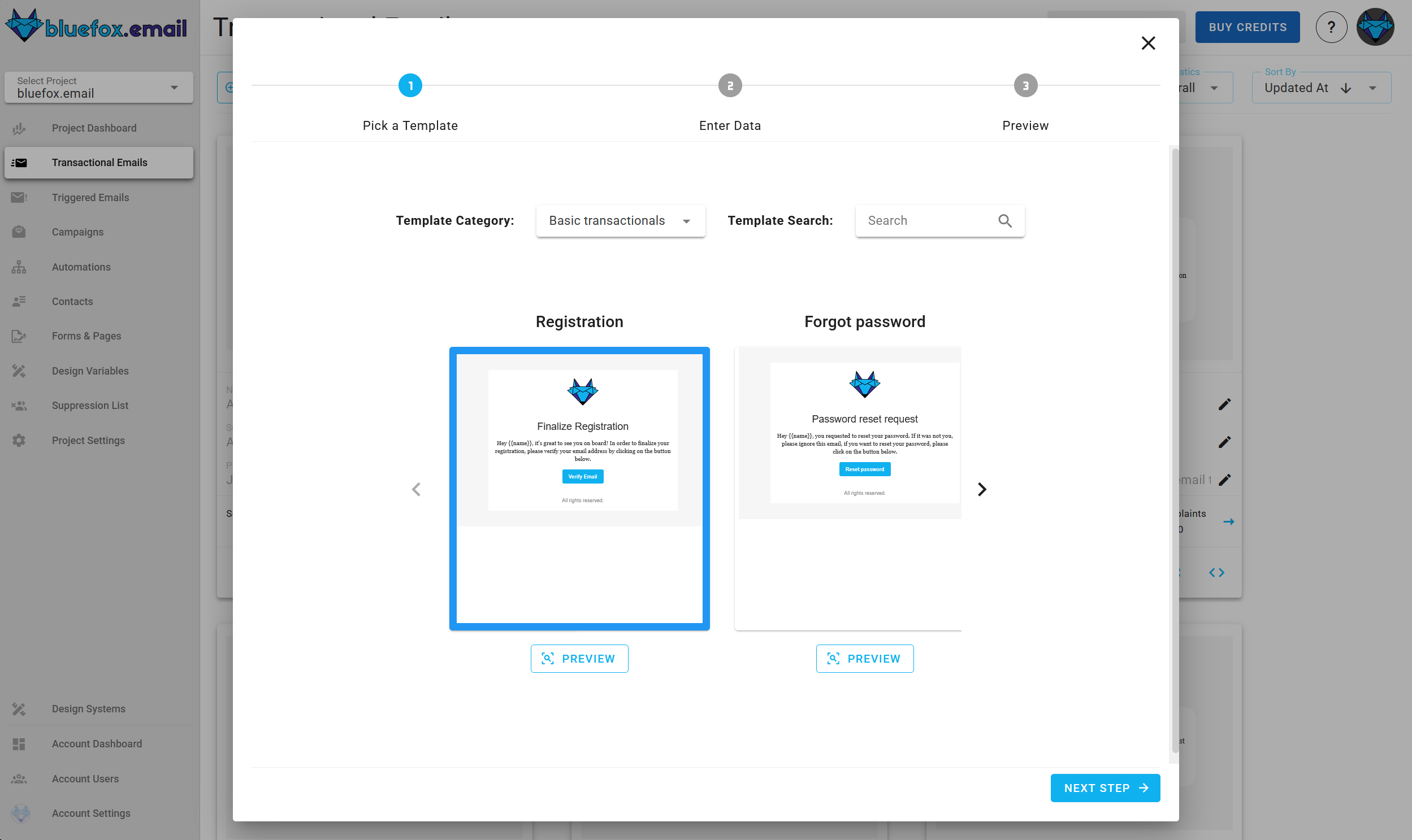 A screenshot of a project's transactional emails - create: template selection.