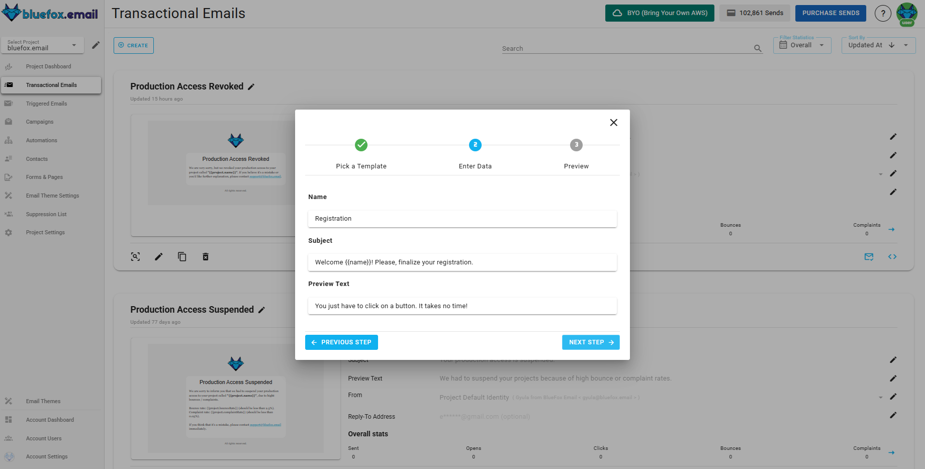 A screenshot of a project's transactional emails - create: enter data.