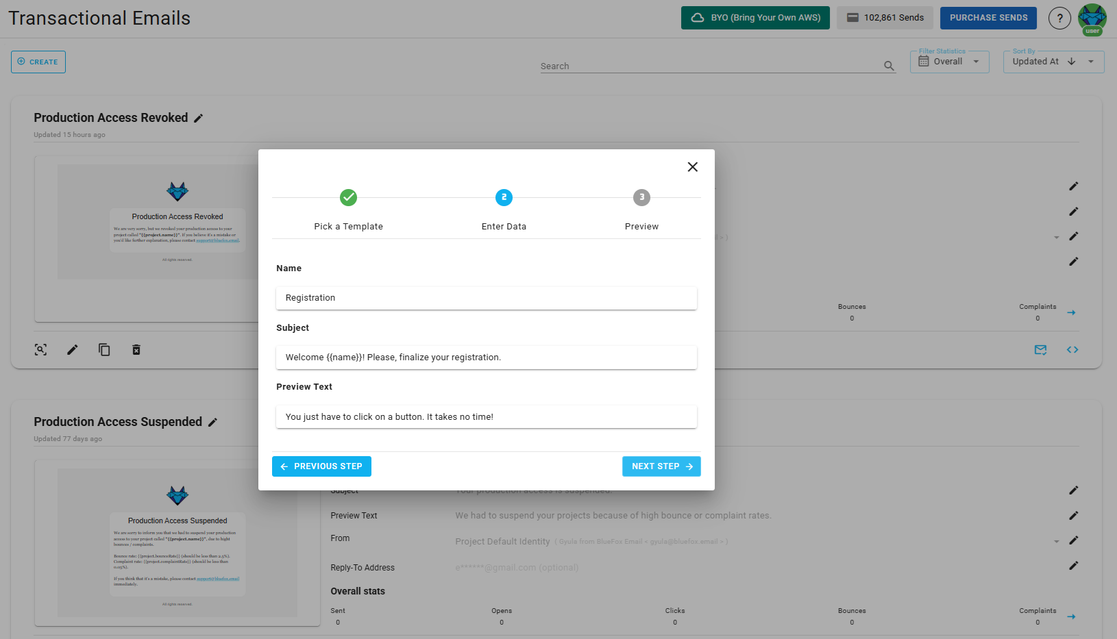 A screenshot of a project's transactional emails - create: enter data.