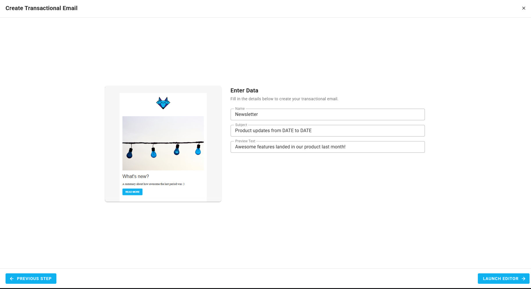 A screenshot of a project's transactional emails - create: enter data.