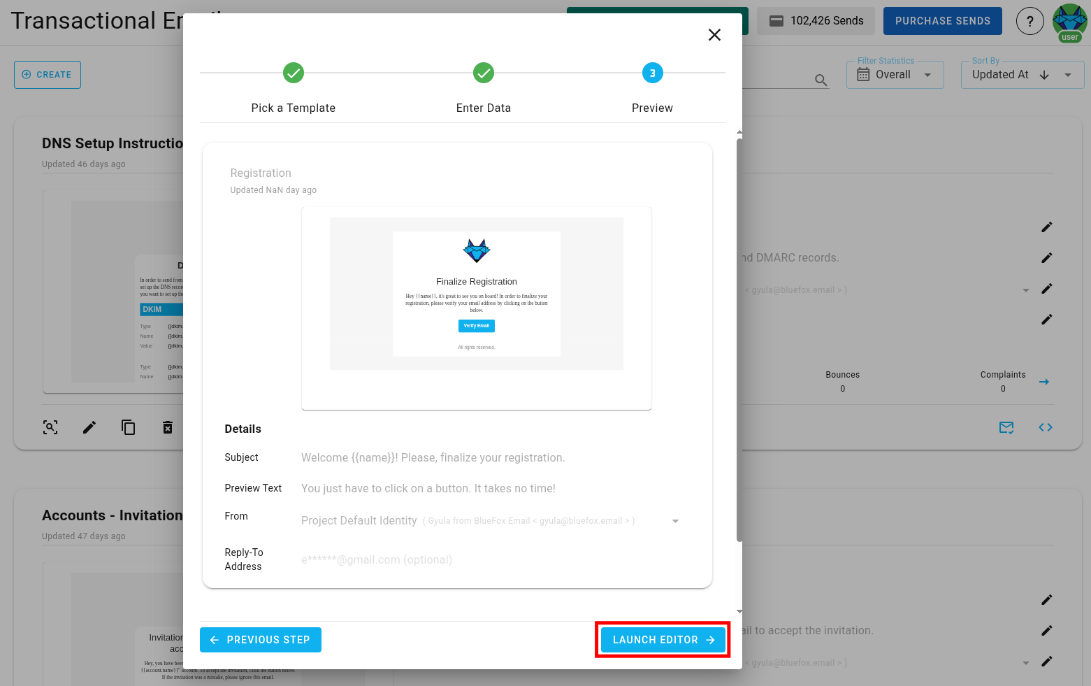 A screenshot of a project's transactional emails - create: summary.