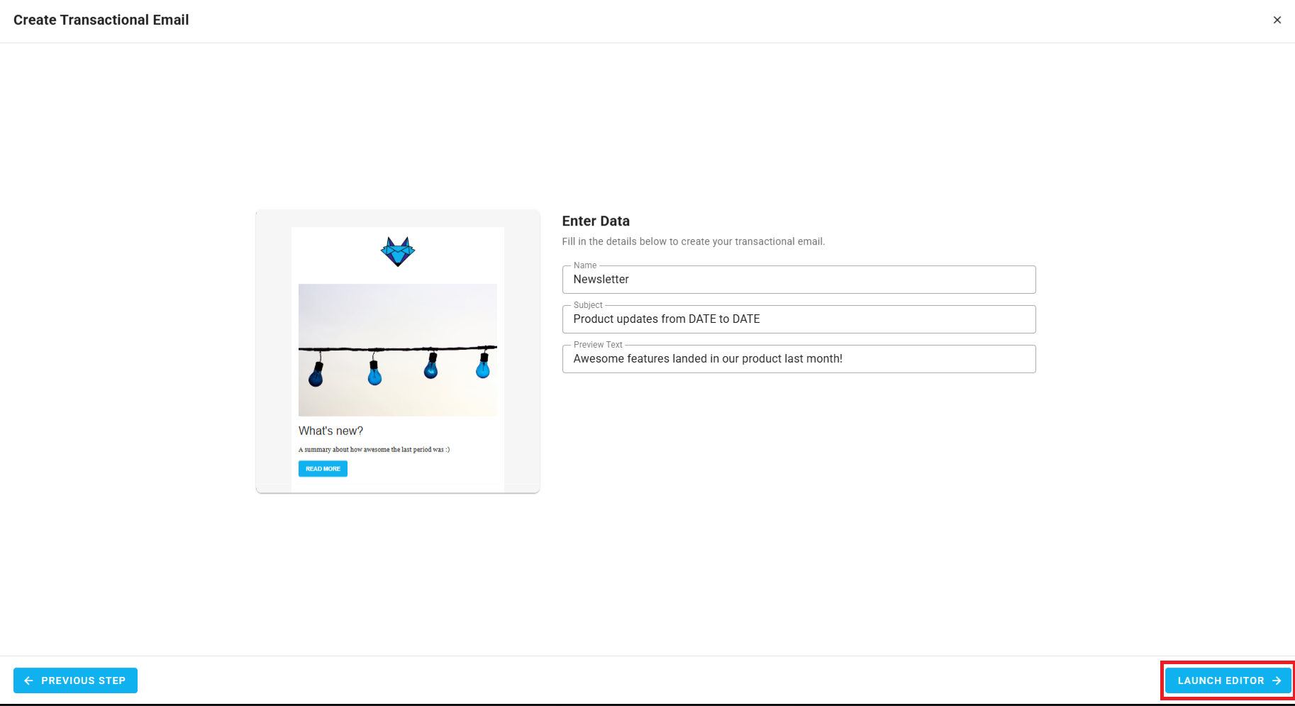 A screenshot of a project's transactional emails - create: summary.