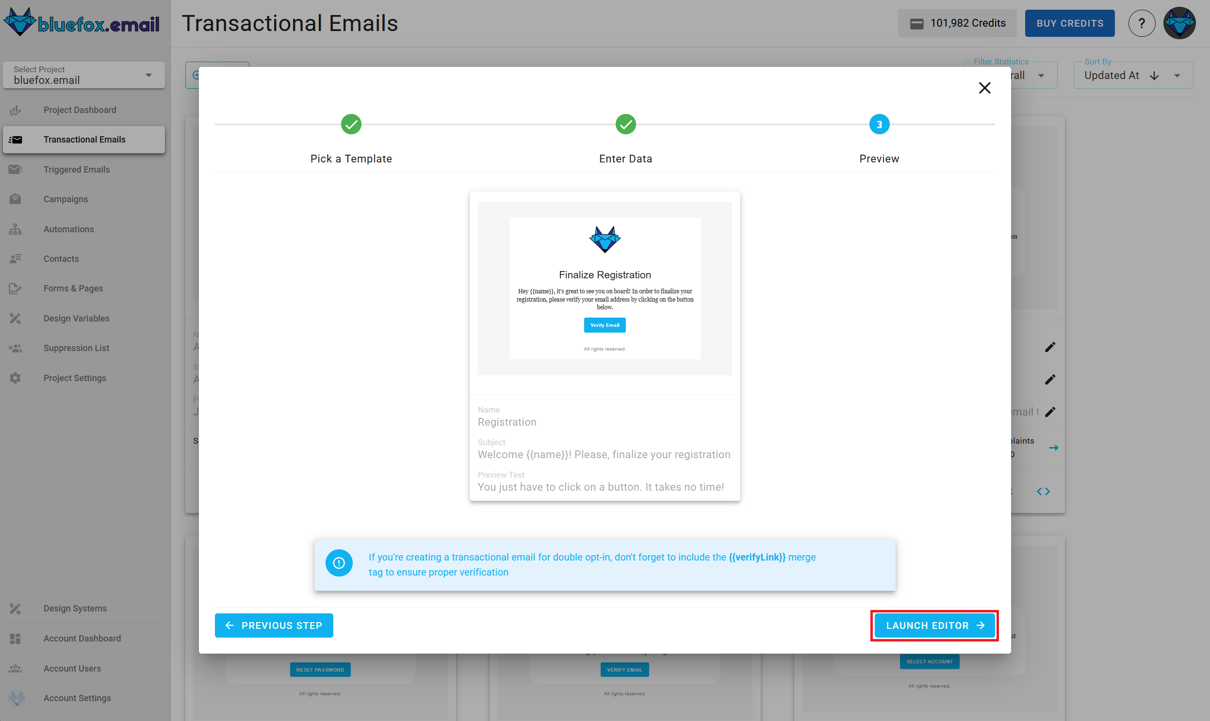 A screenshot of a project's transactional emails - create: summary.