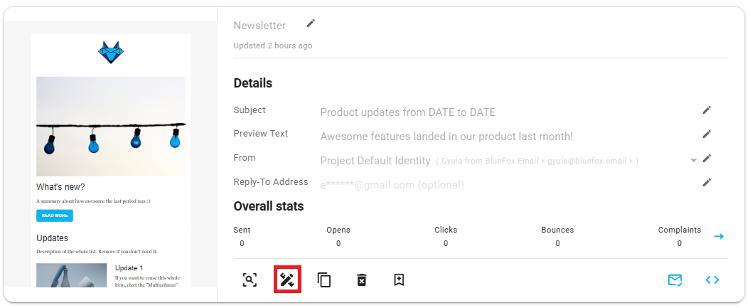 A screenshot of a transactional email card, edit button highlighted.