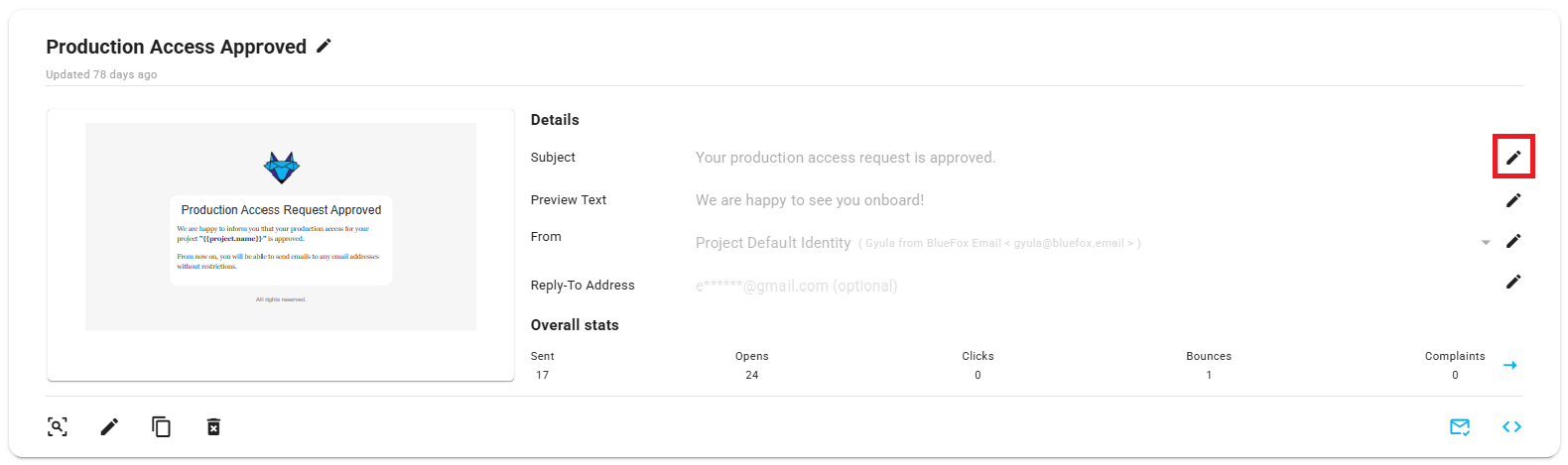 A screenshot of a transactional email card, edit button highlighted.