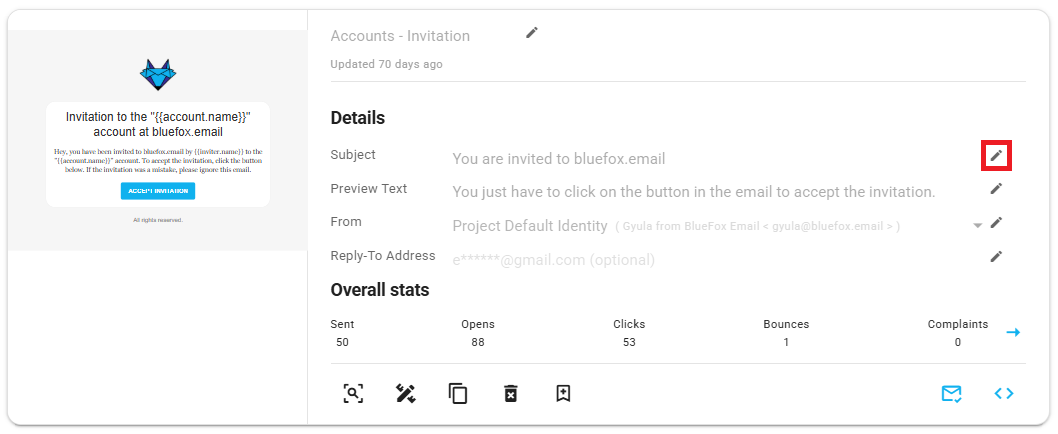 A screenshot of a transactional email card, edit button highlighted.