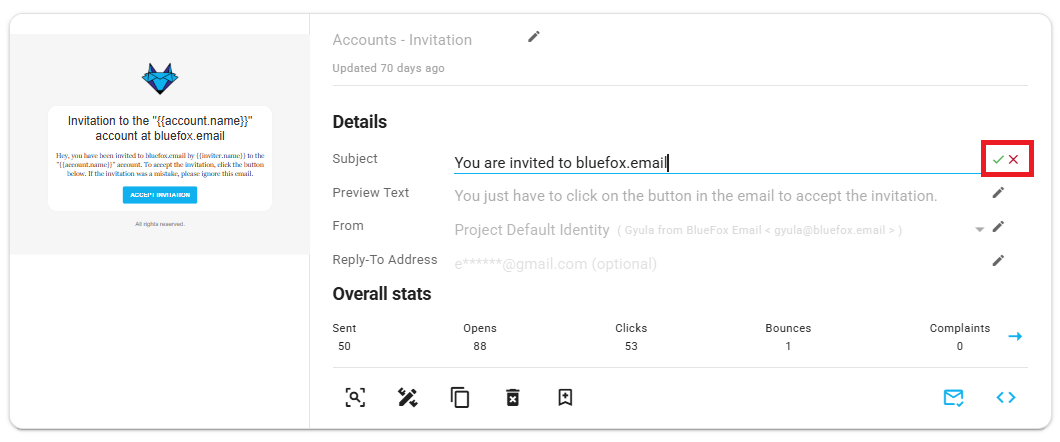 A screenshot of a transactional email being edited, save button highlighted.