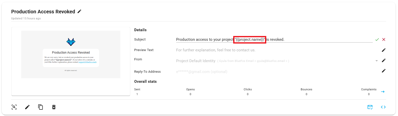 A screenshot of a transactional email, with a merge tag being used in the subject and the preview text.