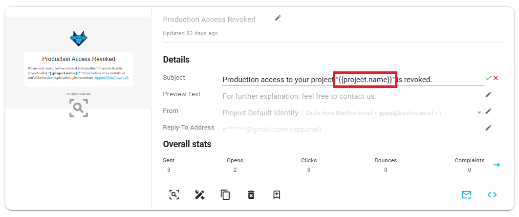 A screenshot of a transactional email, with a merge tag being used in the subject and the preview text.