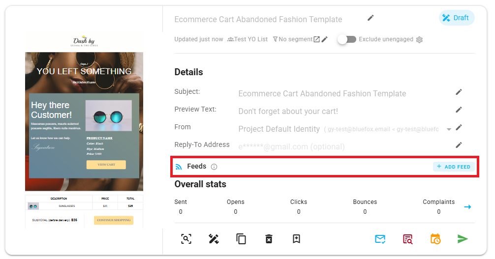 A screenshot of the Feeds section on an email card with the Add Feed button highlighted.