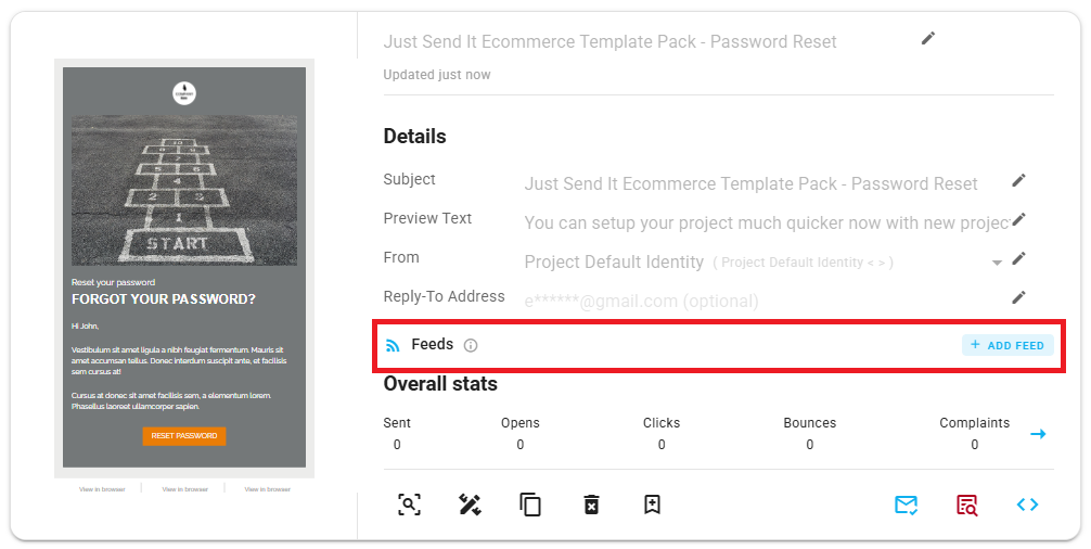 A screenshot of a transactional email card with the Feeds section and Add Feed button highlighted.