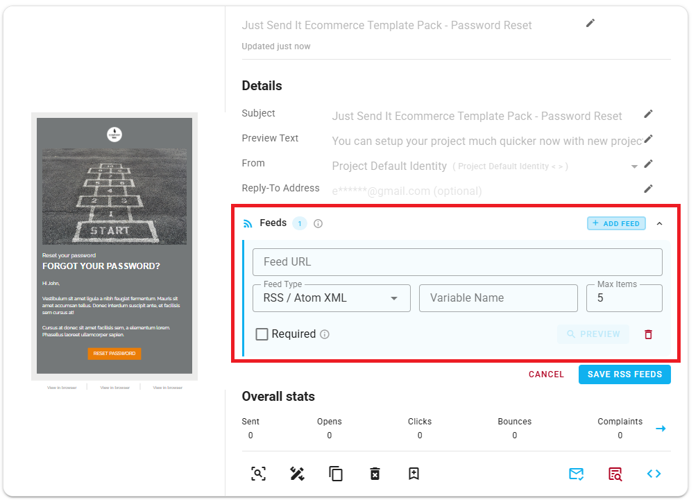 A screenshot of the Add Feed form expanded on a transactional email card.