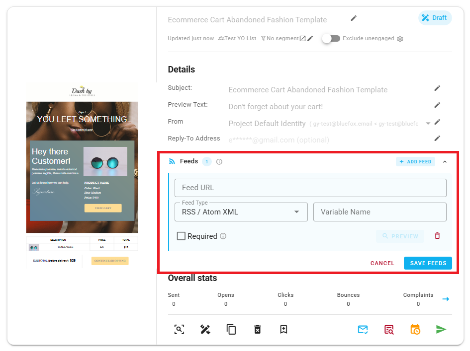 A screenshot of the Add Feed form expanded on an email card.